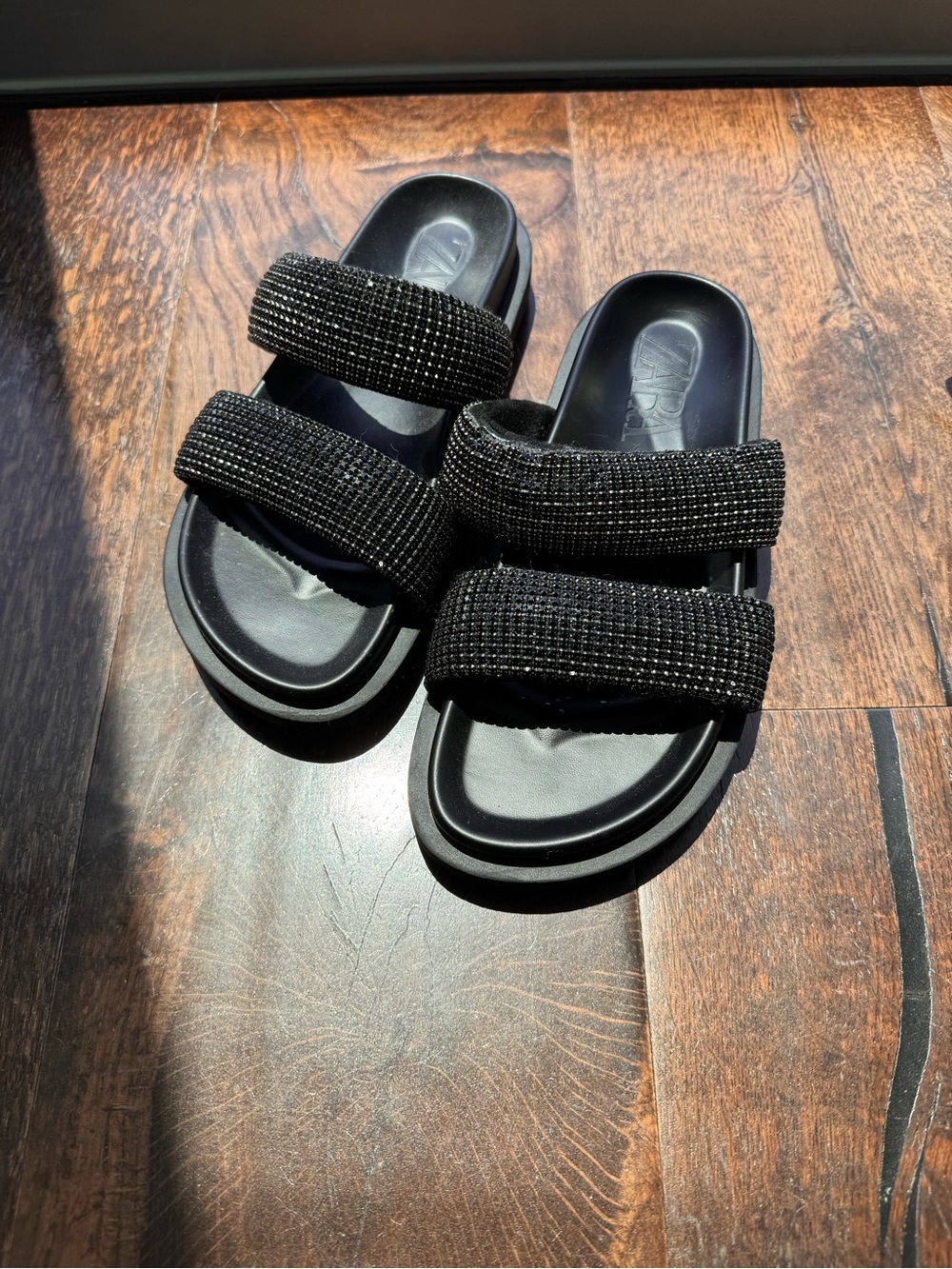 Zara Black Beaded Double-Strap Slide Sandals